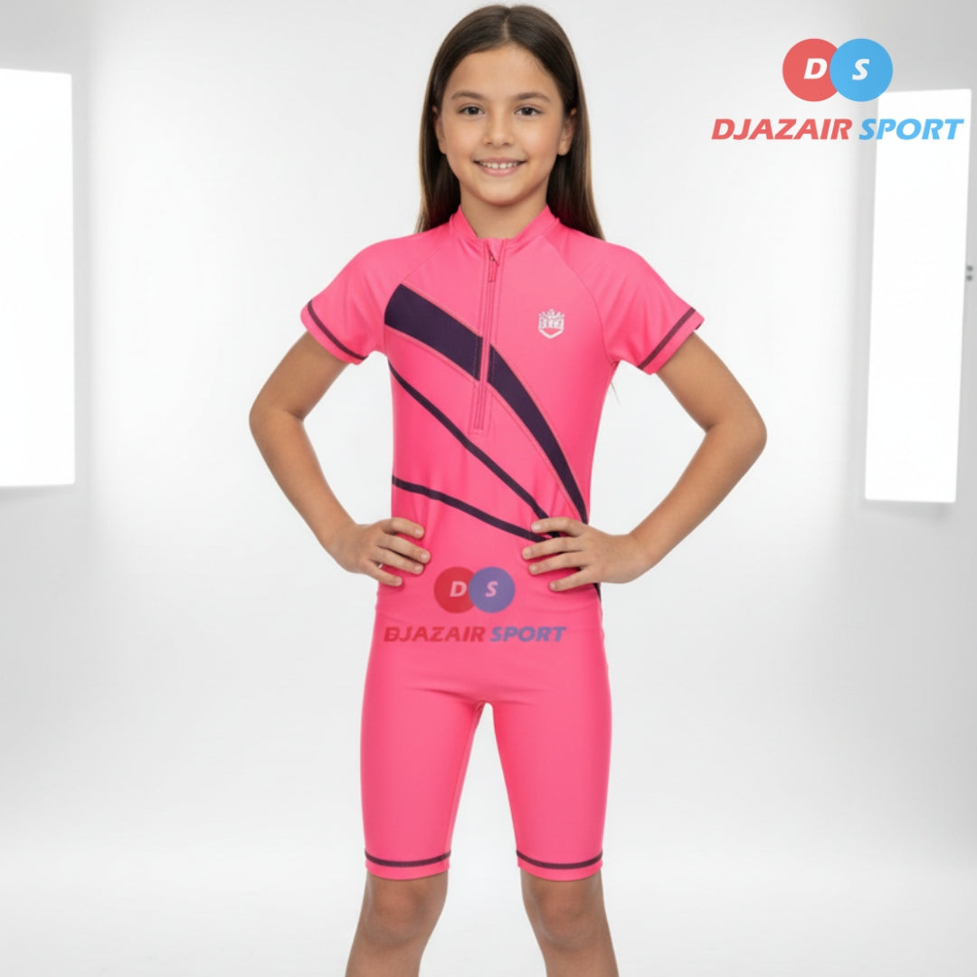 Maillot Combinaison Natation Pour Fillette Rose Fluo, Anti UV REF-1636
