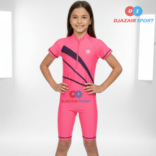 Maillot Combinaison Natation Pour Fillette Rose Fluo, Anti UV REF-1636