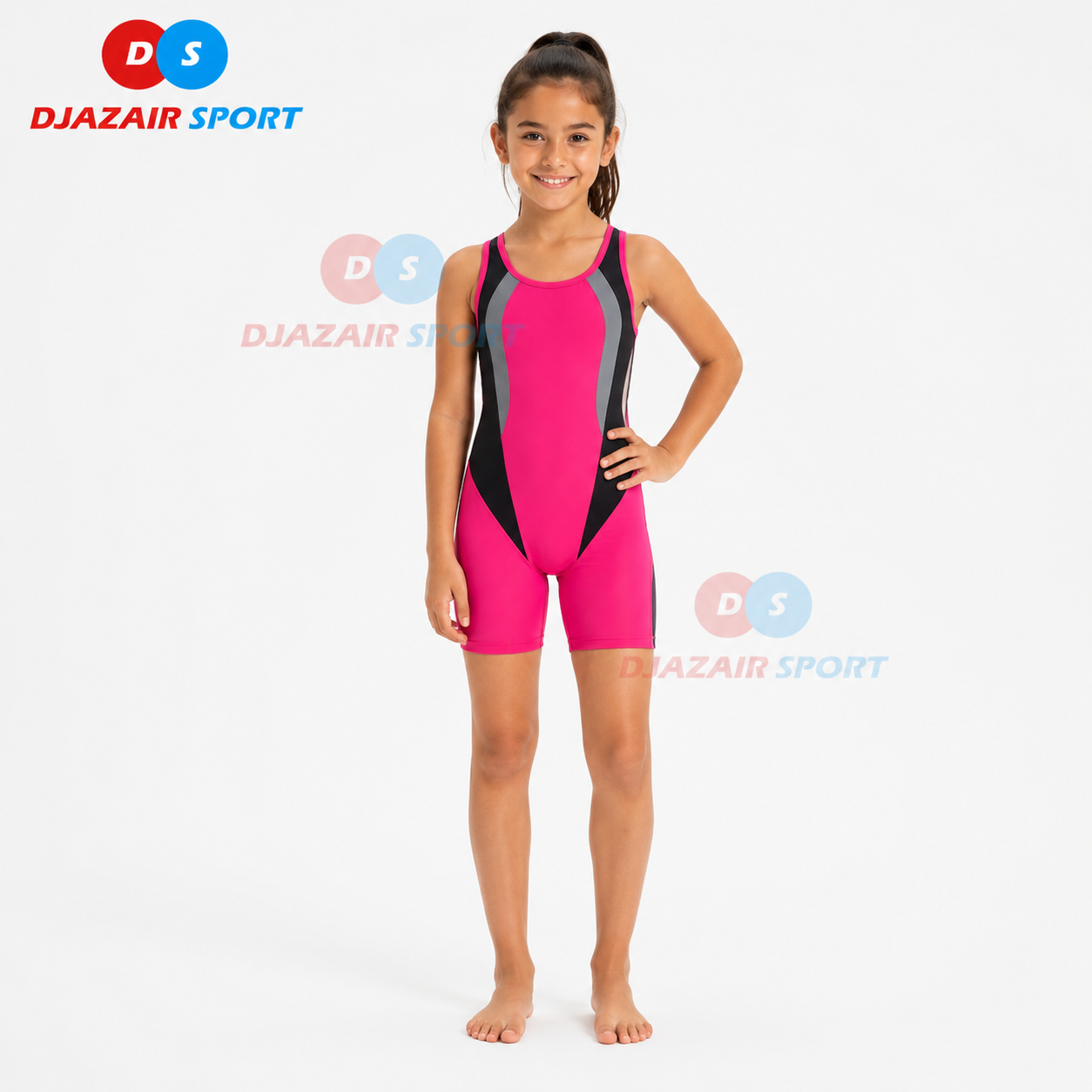 Maillot Short Natation Fillette Style Sportif Rose Fluo REF-6719