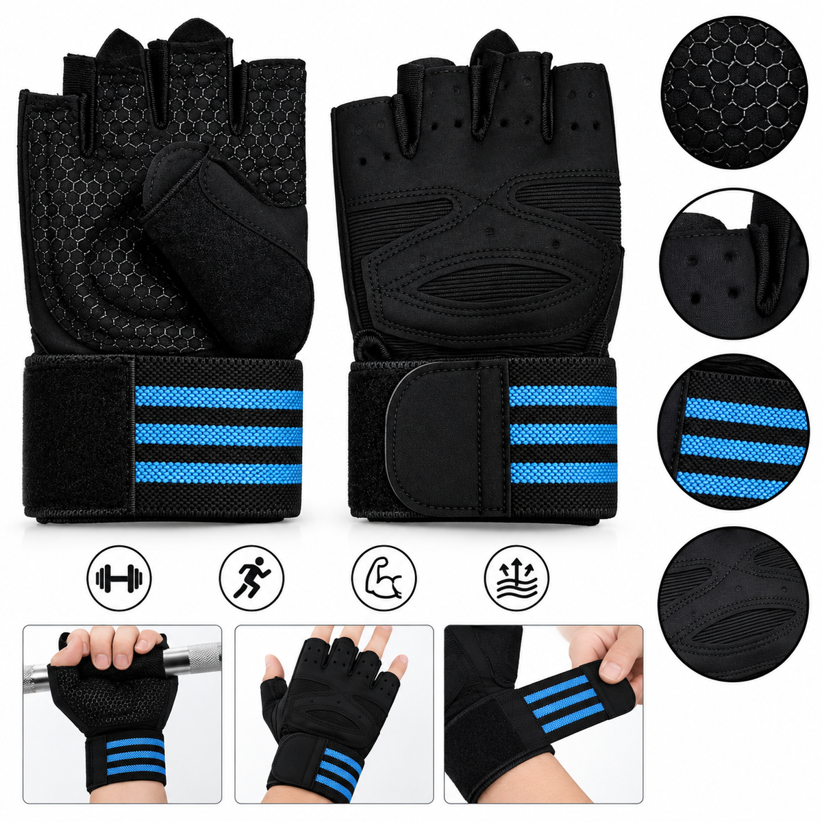 Gant de Musculation avec Serre-Poignet Standard Bleu REF-9061