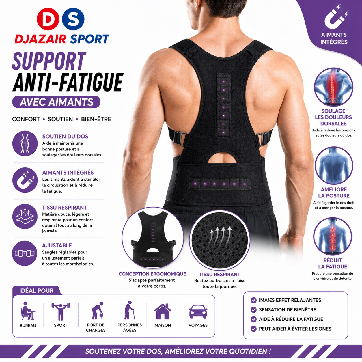 Support Anti-Fatigue avec Aimants – Correcteur de Posture MED-0003