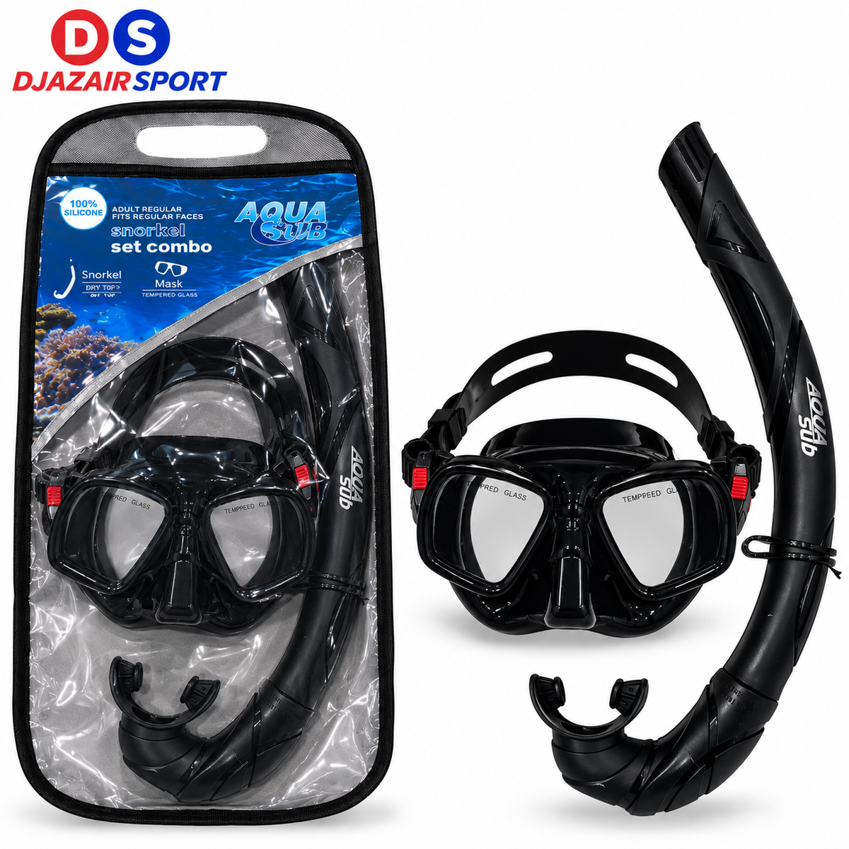 Ensemble Masque + Tuba AquaSub Silicone Avec Pochette Noir M130 REF-68210