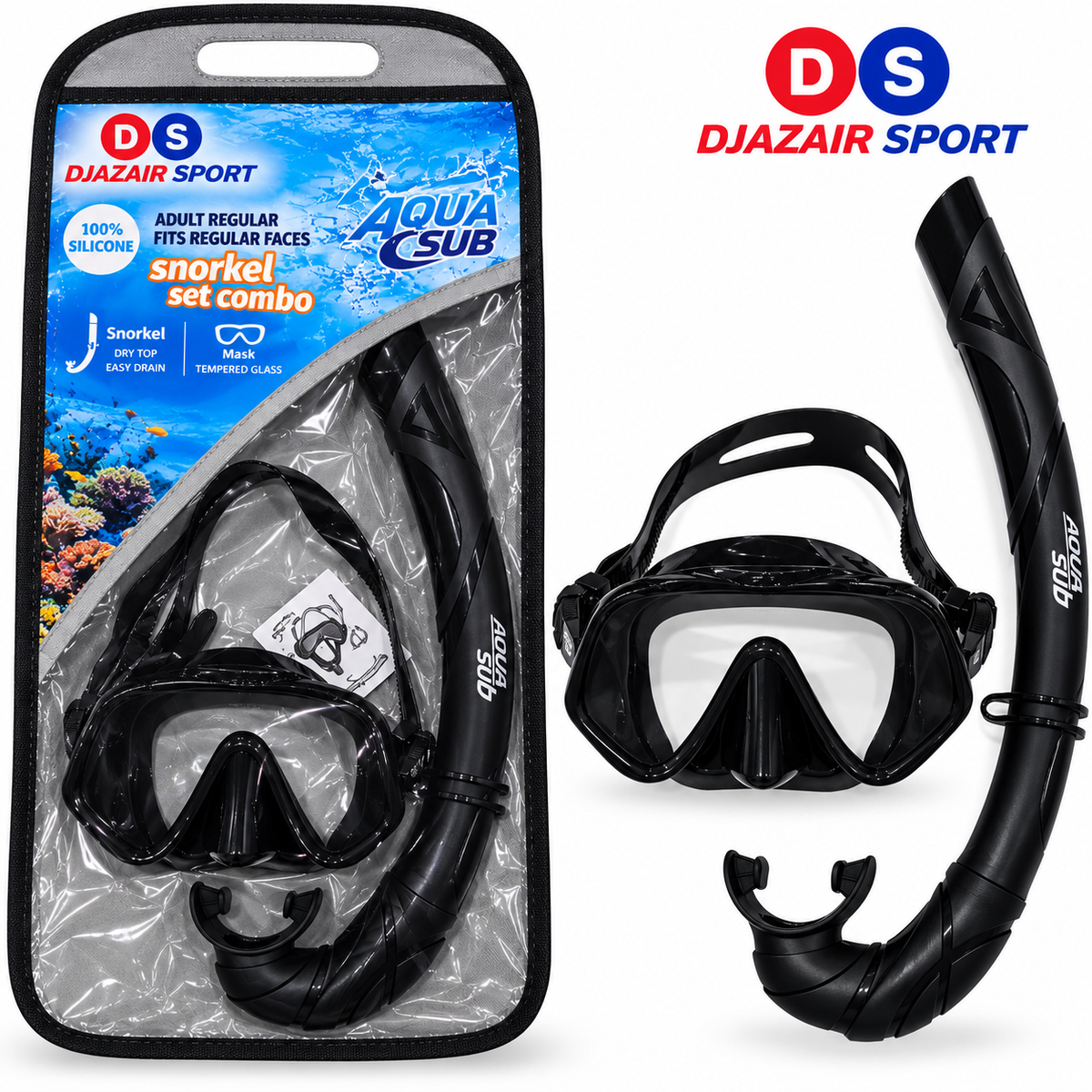 Ensemble Masque + Tuba AquaSub Silicone Avec Pochette Noir M127 REF-6822