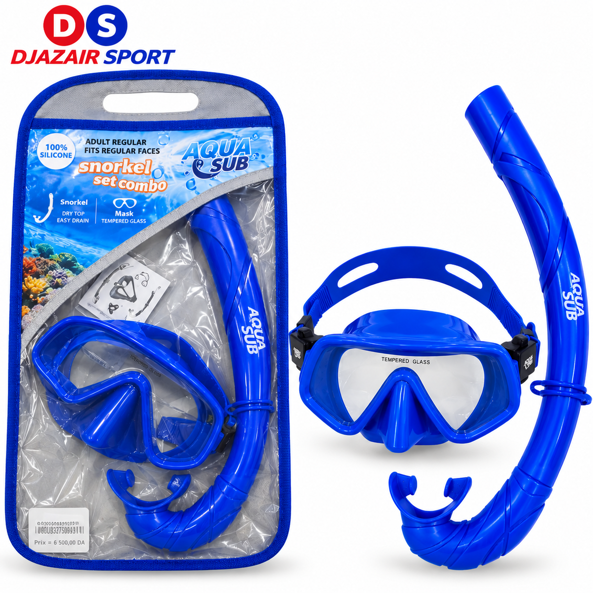 Ensemble Masque + Tuba AquaSub Silicone Avec Pochette Bleu M127 REF-6822
